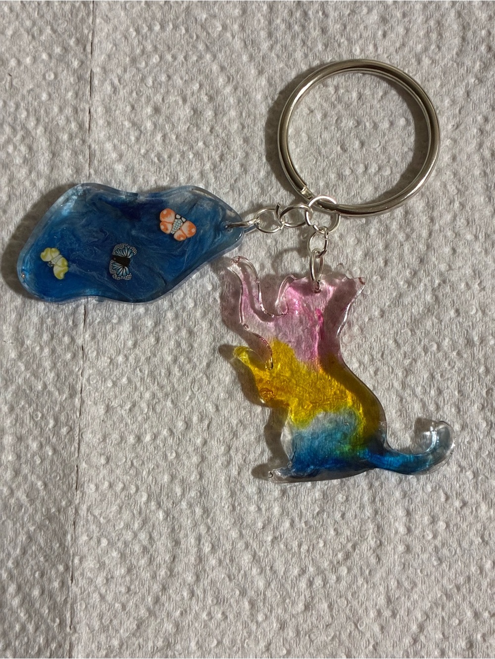 Handcrafted Multicolor Cat Keychain & Blue Charm Key Ring